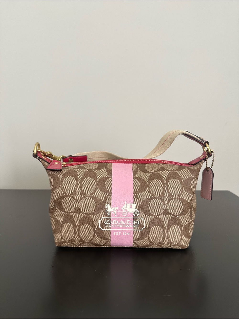 Coach Brown Signature Canvas Shoulder Bag with Pink Stripe